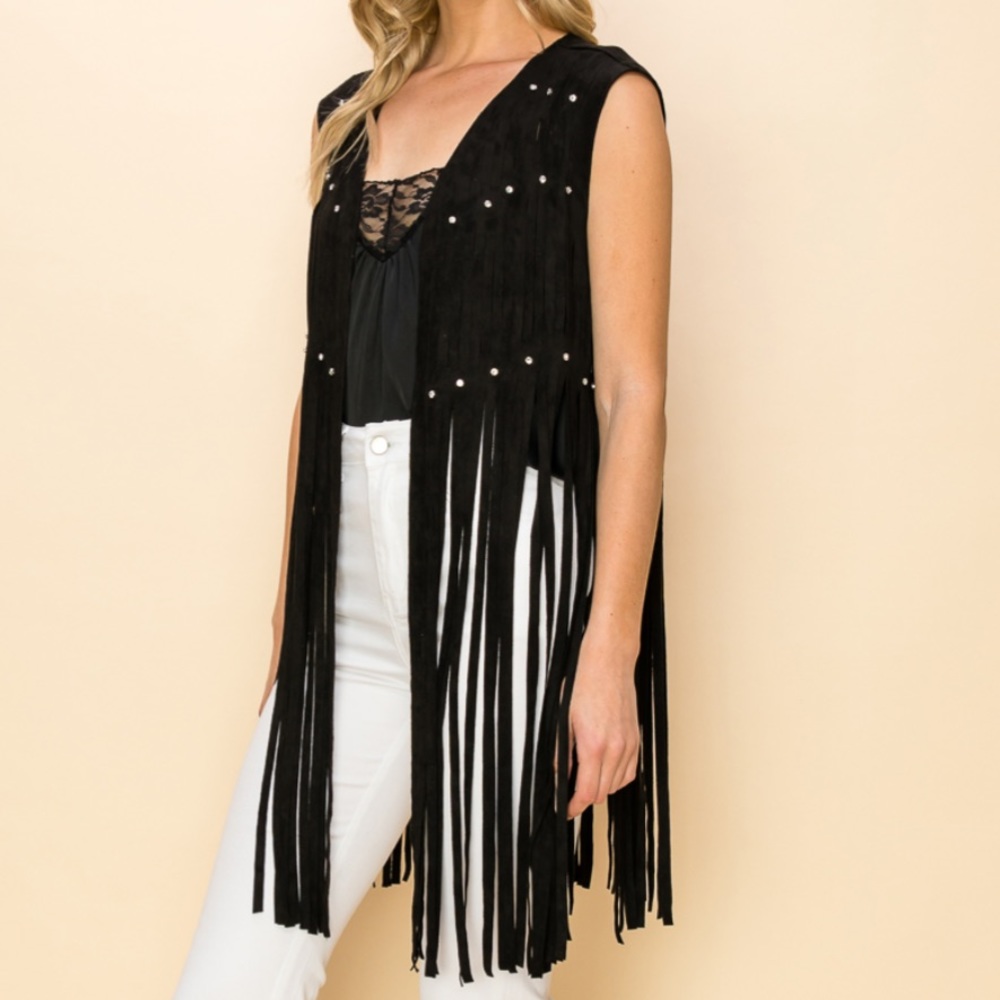 Fringe Rhinestone Vest- Black